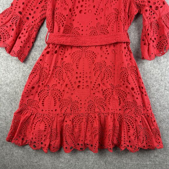 Farm Rio Red Eyelet Lace Palm Tree Belted Mini Dress Womens M Button Pockets - Picture 8 of 16